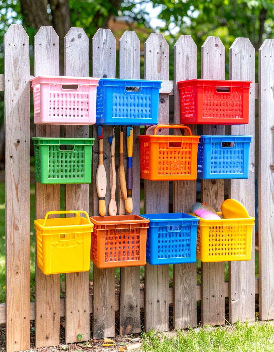 Fence Mounted Milk Crate Wall Turns Dead Space Into Cubbies - 25 outdoor toy storage ideas