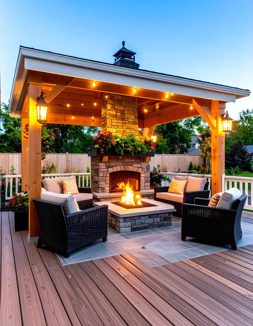 Fireplace Hearth under Deck Canopy - 25 partially covered deck ideas