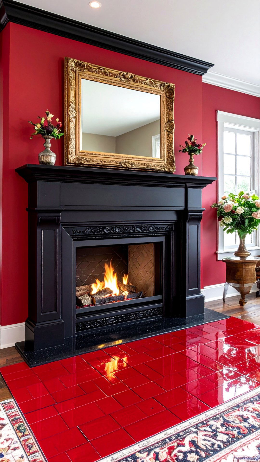 Fireplace Makeover Black Surround with Red Tile Hearth - 25 black and red living room ideas