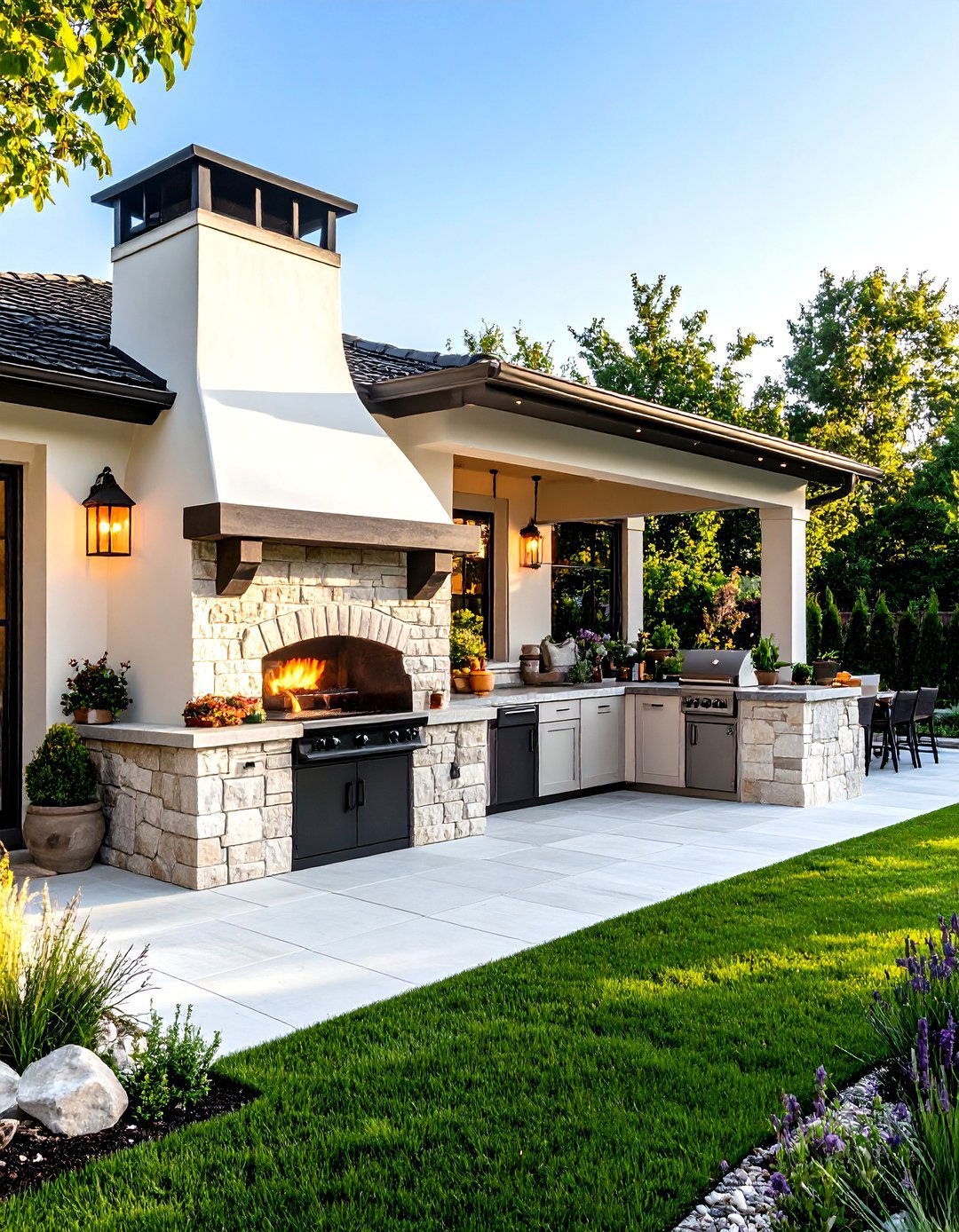 Fireplace and Grill Combo Wall - 25 Stucco Outdoor Kitchen Ideas