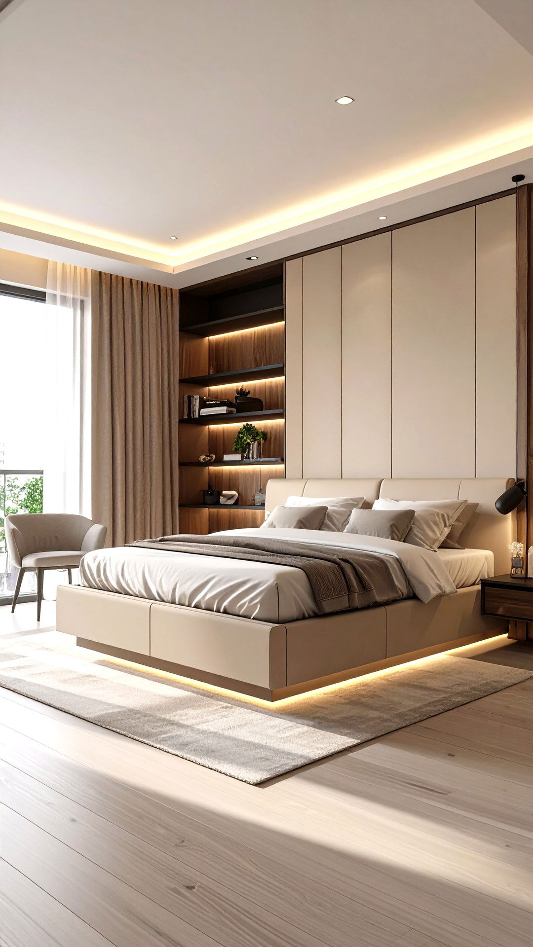 Floating Furniture Airifies a Black and Beige Bedroom - 25 black and beige bedroom design ideas