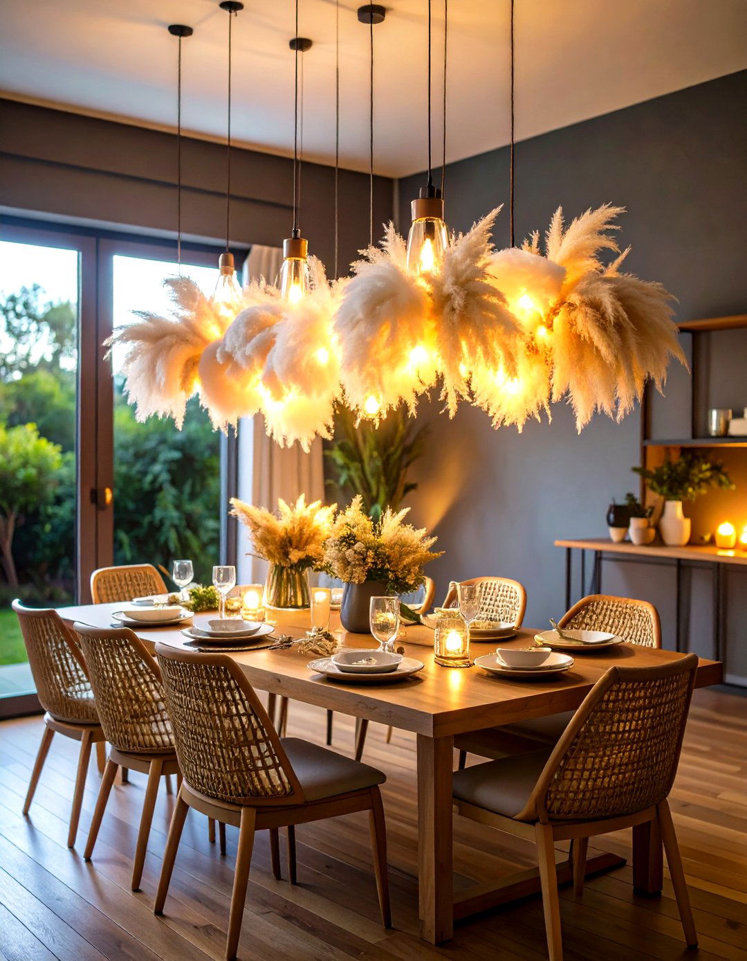Floating Pampas Grass Cloud Above the Dining Table - 25 pampas grass decor ideas