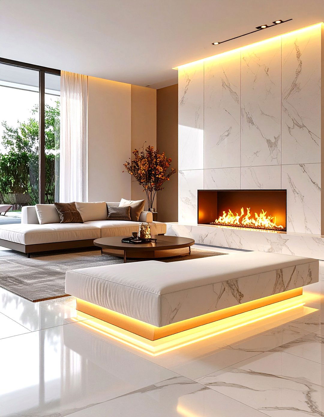 Floating Quartz Bench for Sleek Contemporary Lines - 25 fireplace bench ideas