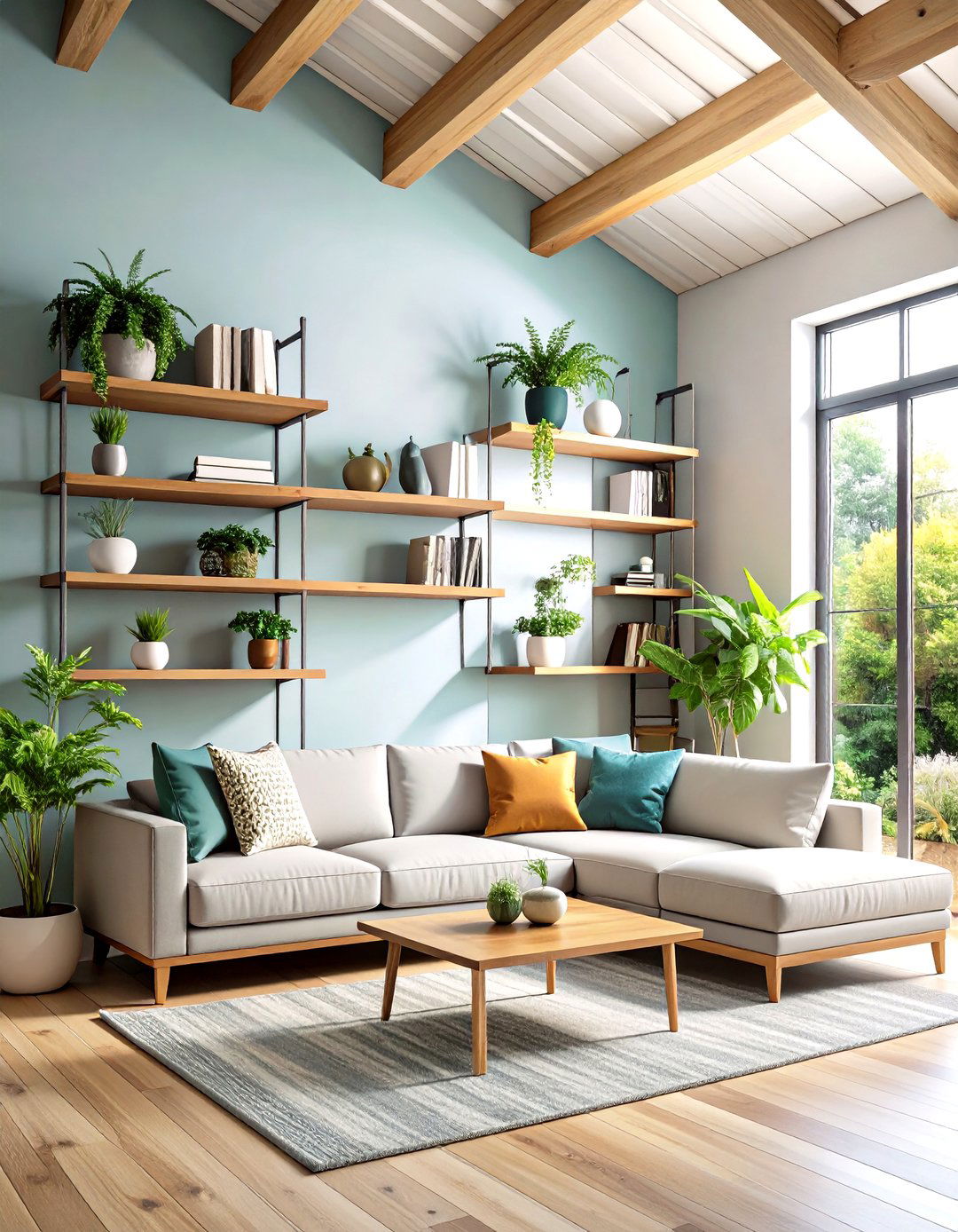 Floating Shelves High On Walls For Display - 25 open concept vaulted ceiling living room ideas