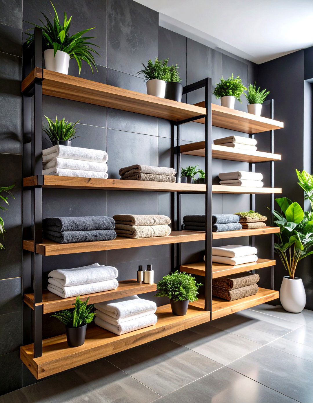 Floating Shelves Provide Airiness in Black and Wood Bathrooms - 25 black and wood bathroom ideas