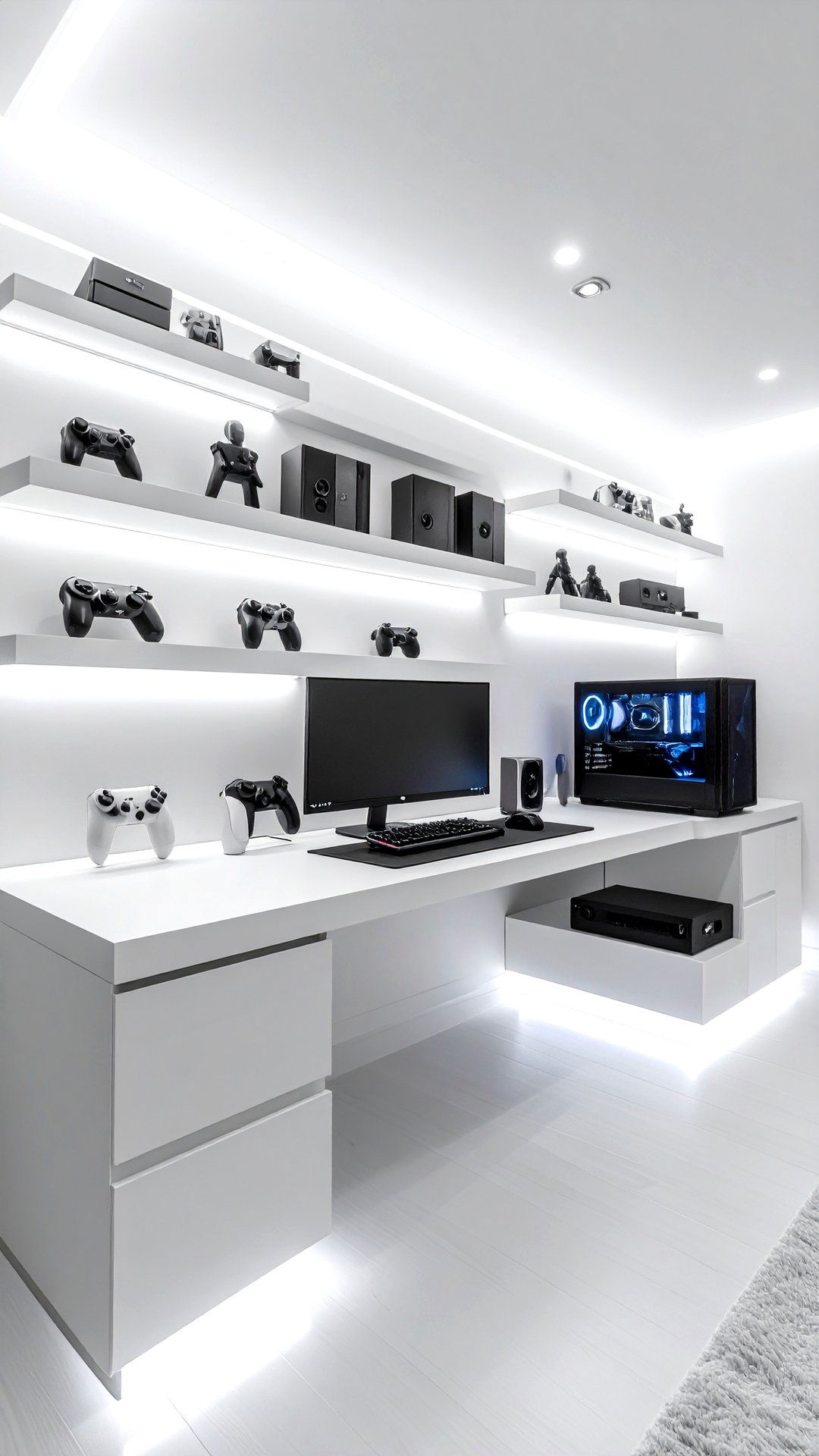 Floating Shelves Showcasing Figurines in a White Gaming Setup - 25 all white gaming setup ideas
