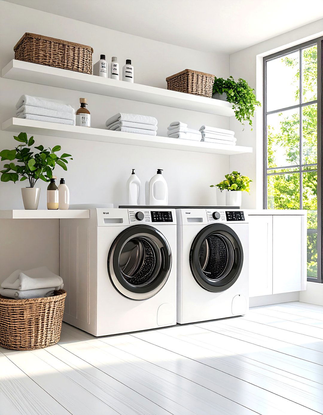 Floating White Shelves Over Black Machines Maximize Airy Storage - 25 black and white laundry room ideas