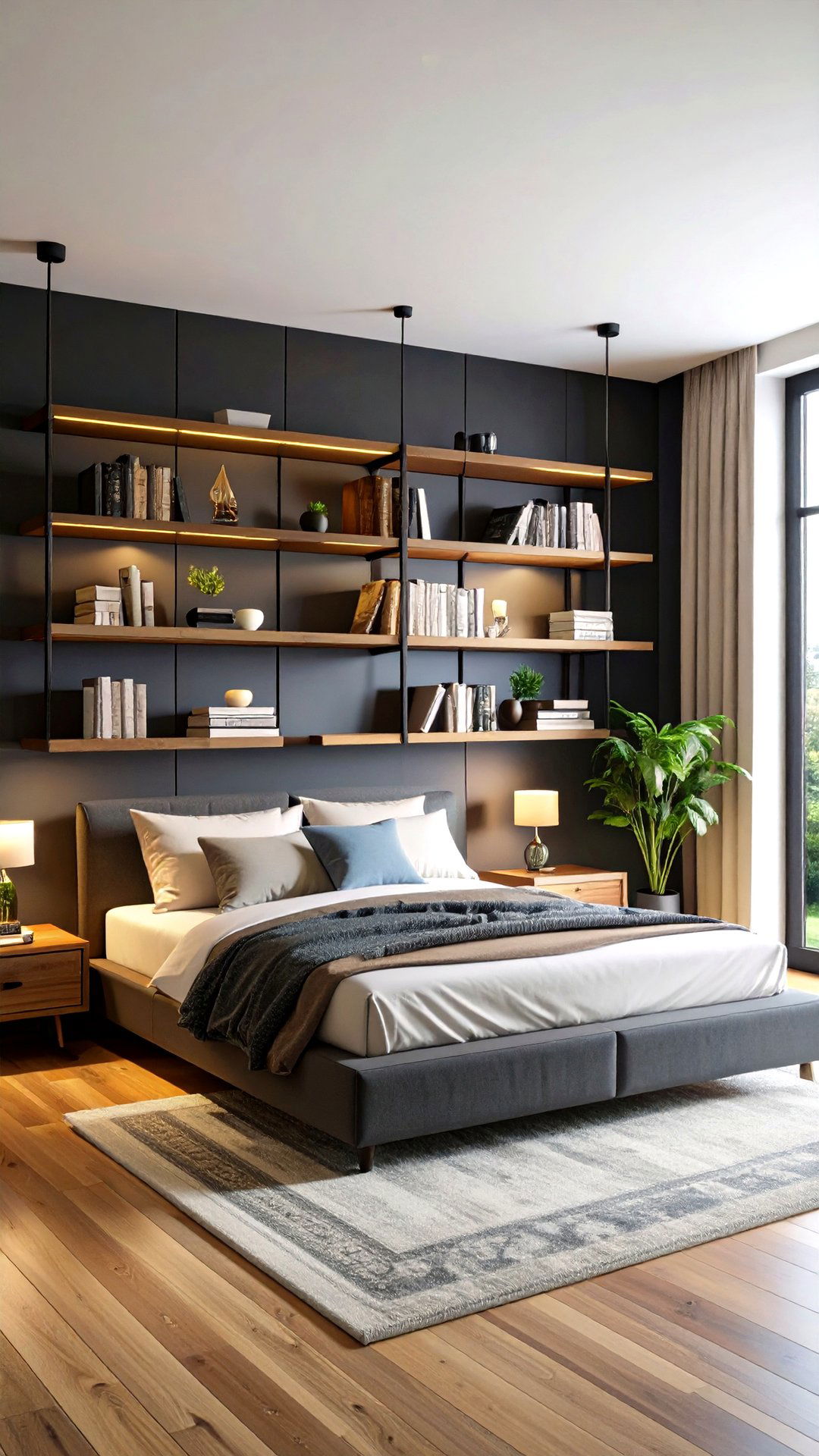 Floating Wood Shelves - 25 black accent wall bedroom ideas