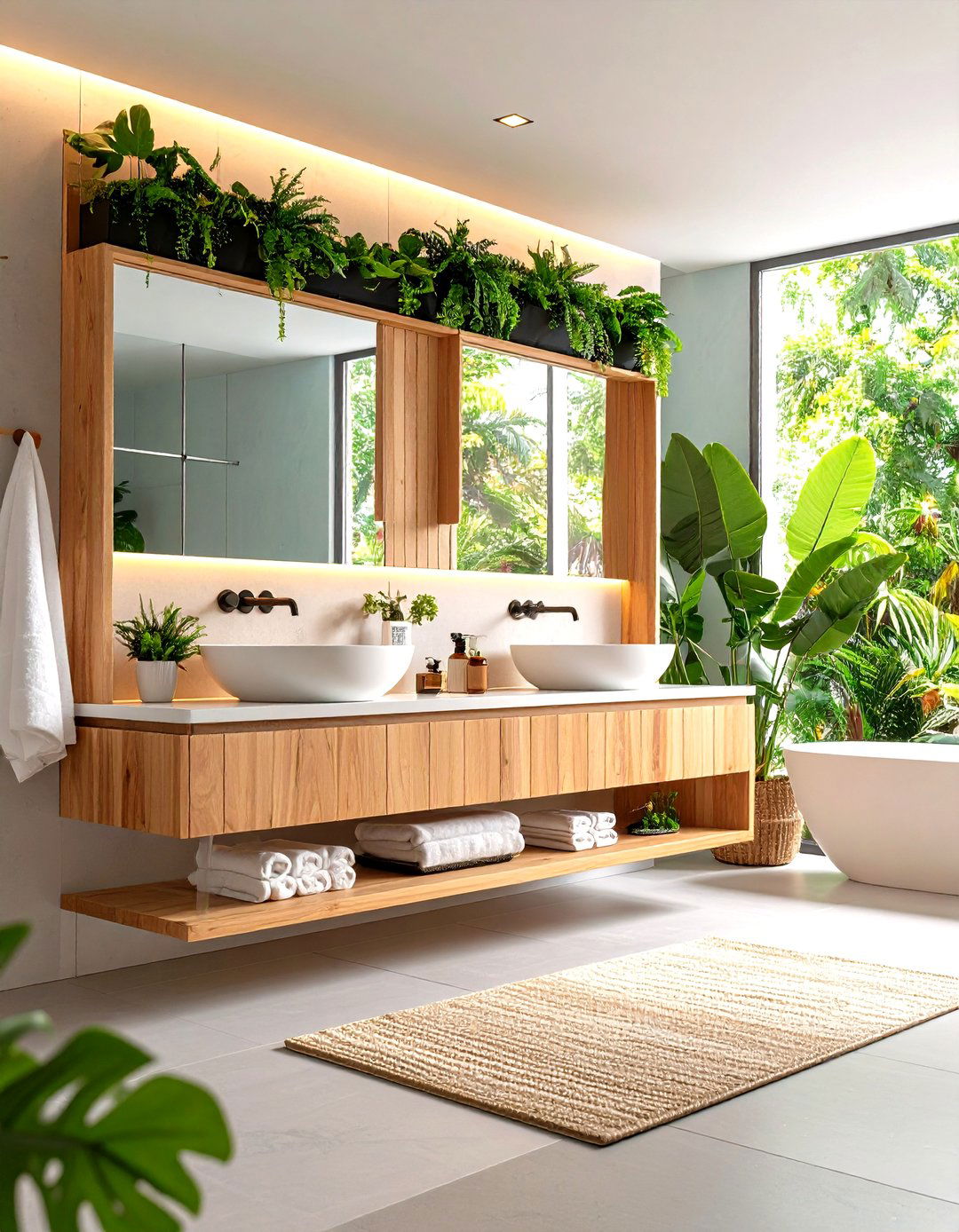 Floating Wood Vanity With Built In Plant Shelf Invites Nature - 25 Wood Bathroom Vanity Ideas