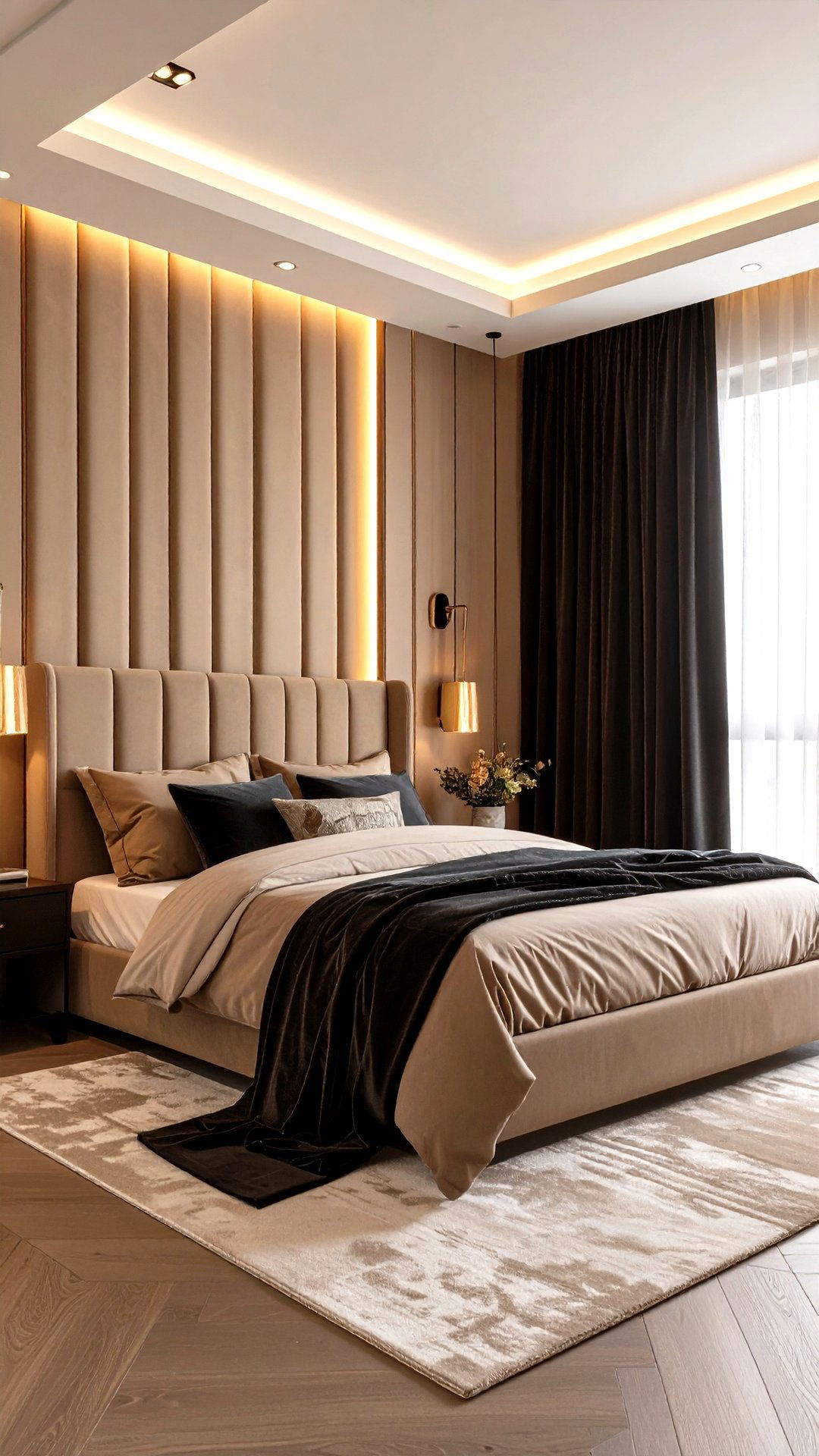 Floor to Ceiling Drapery for Five Star Drama in a Black and Beige Bedroom - 25 black and beige bedroom design ideas