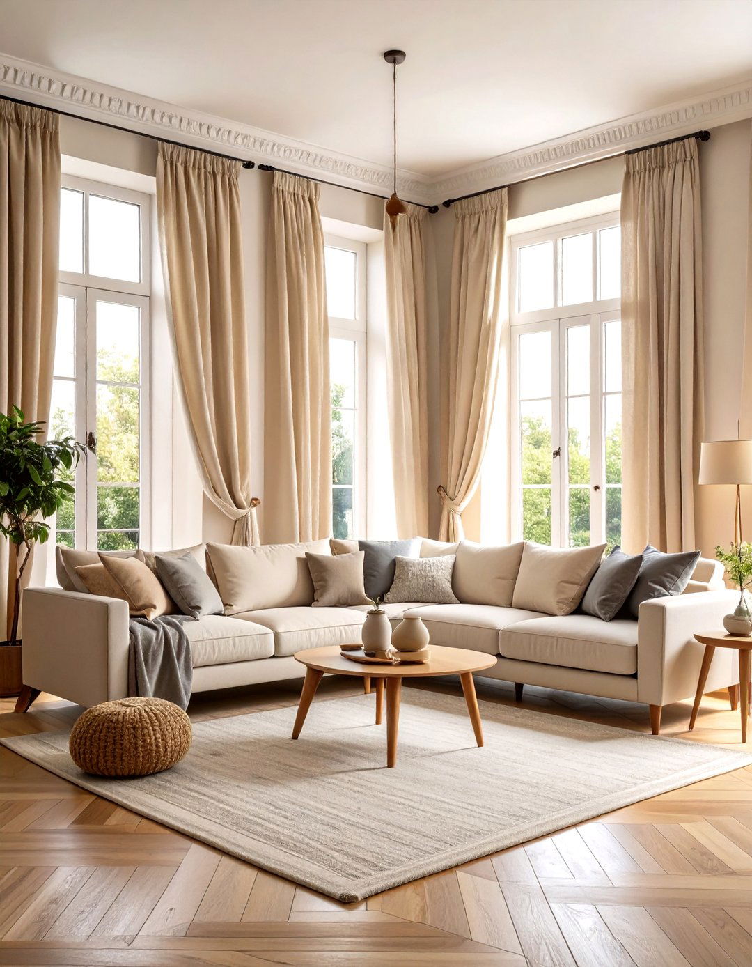 Floor to Ceiling Linen Drapes Emphasize Height - 25 parisian-style living room ideas