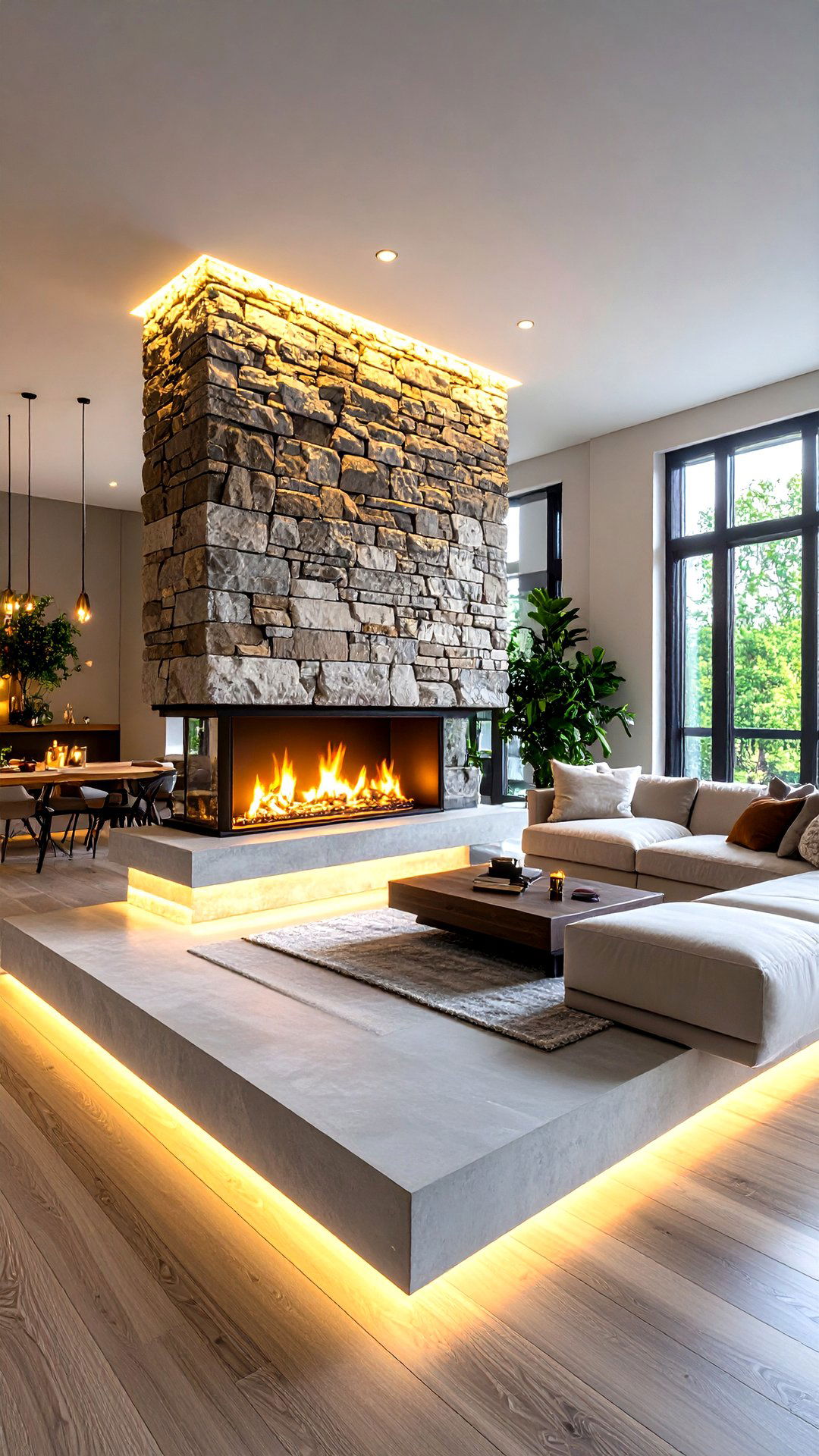 Floor to Ceiling Stack Stone Sided Fireplace - 25 3 sided fireplace ideas