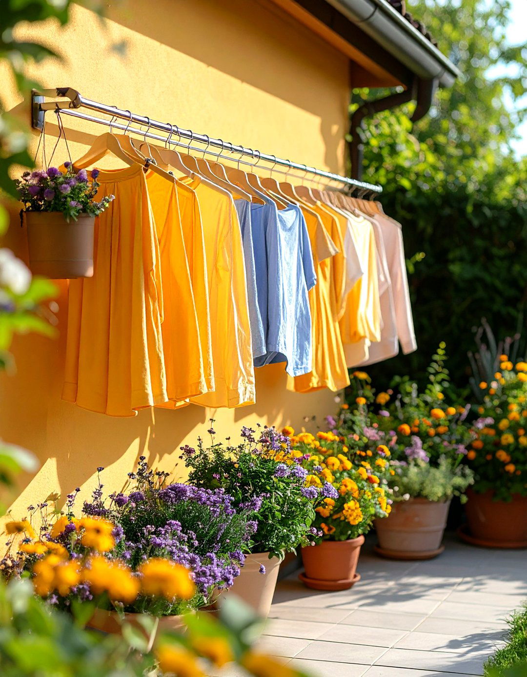 Foldaway Accordion Clothesline That Hugs the Wall - 25 outdoor clothesline ideas