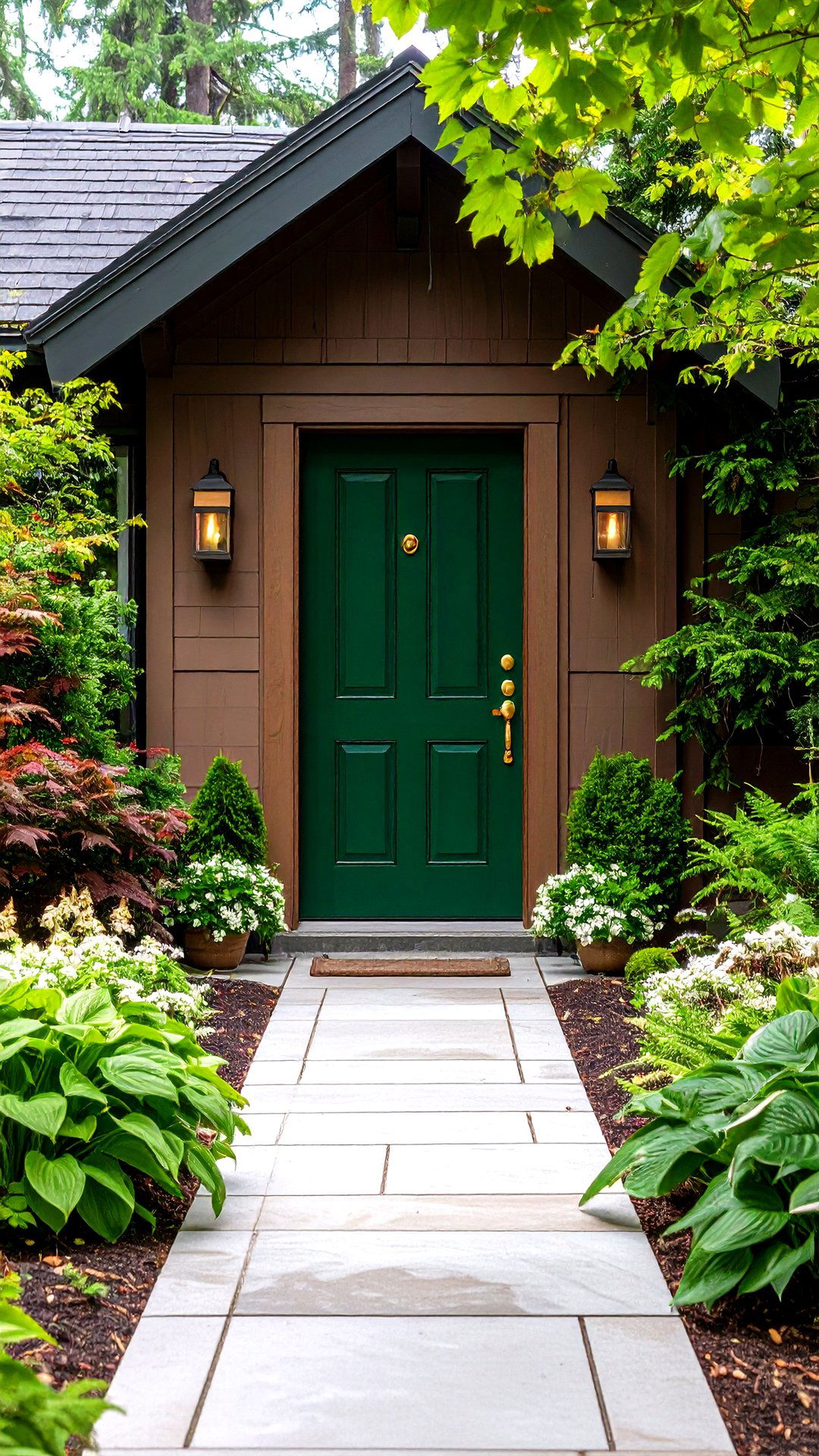 Forest Green Front Door Echoes Landscape Around Brown House - 25 brown house front door colors