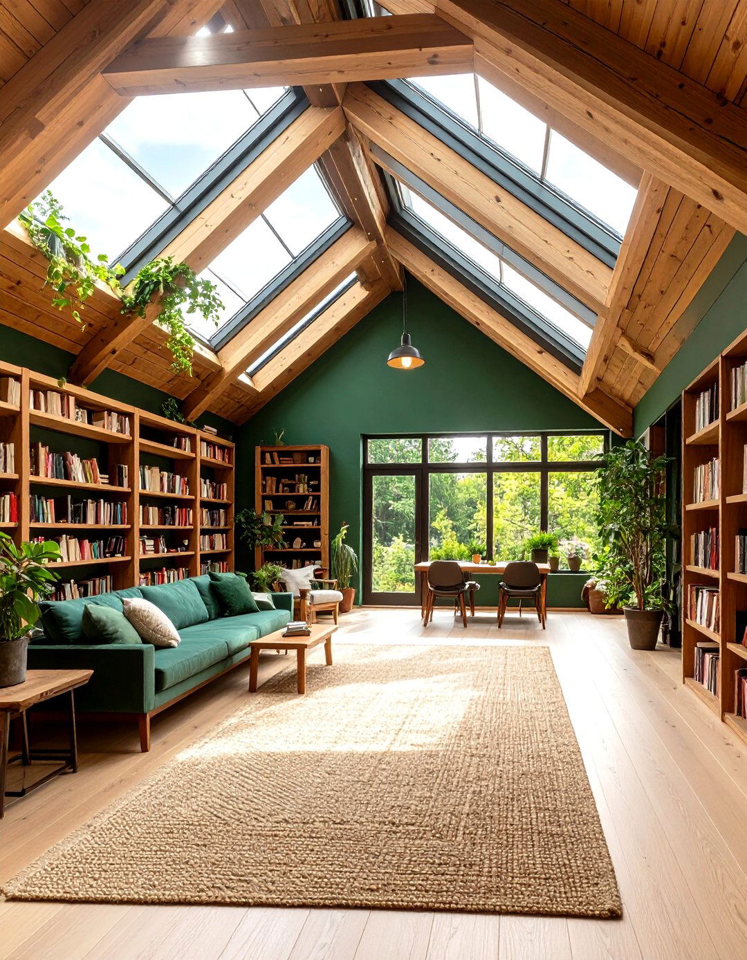 Forest Walls Under Skylights - 25 dark green home library ideas and inspiration