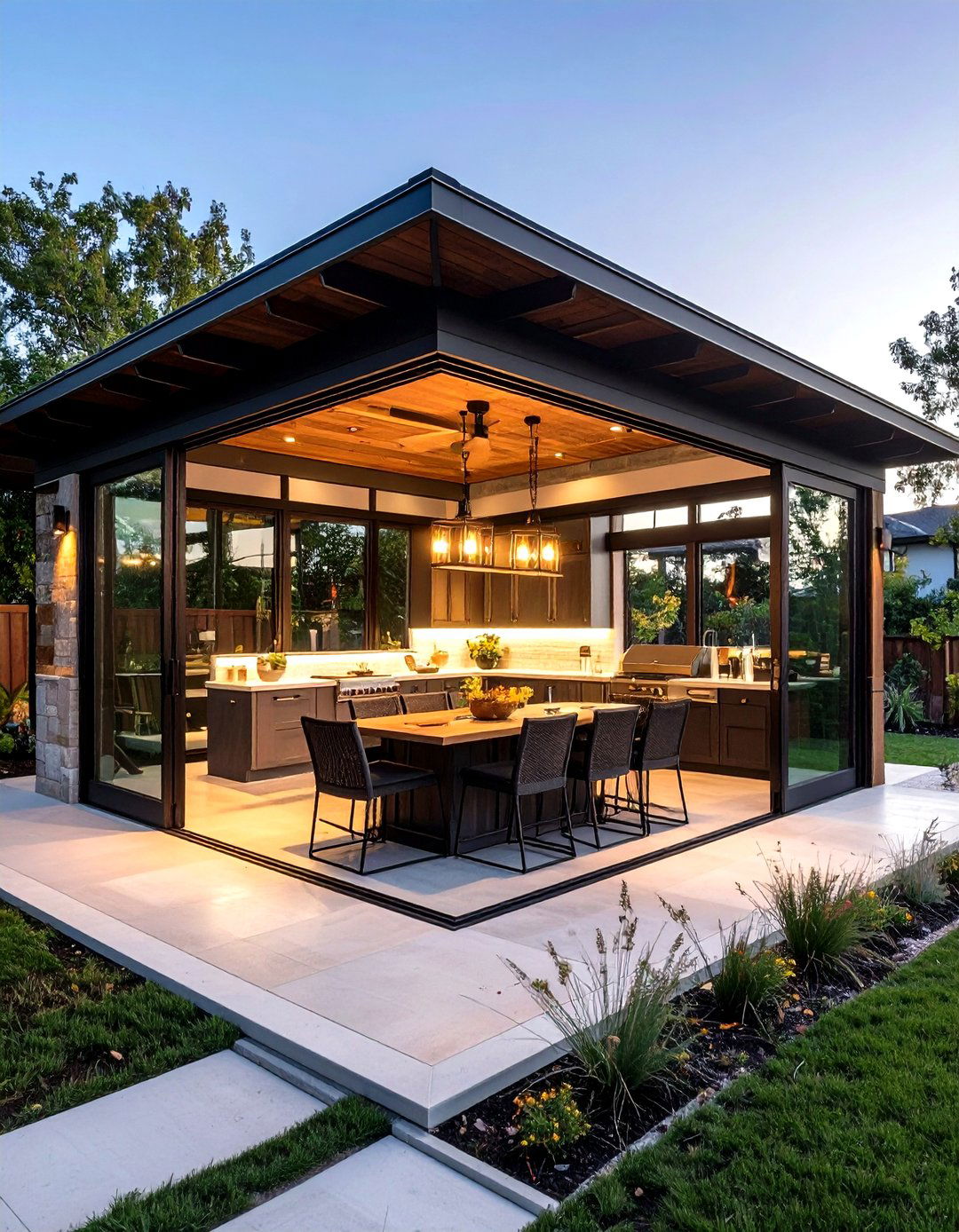 Four Season Outdoor Kitchen Gazebo with Sliding Glass Walls - 25 outdoor kitchen with a gazebo ideas