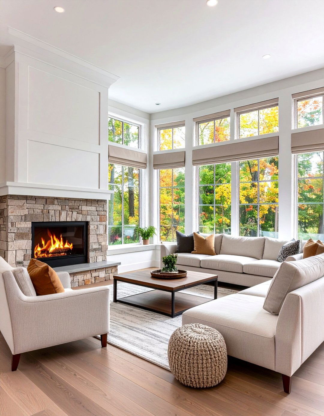 Frame the Off Center Fire with Corner Windows - 25 off-center fireplace ideas