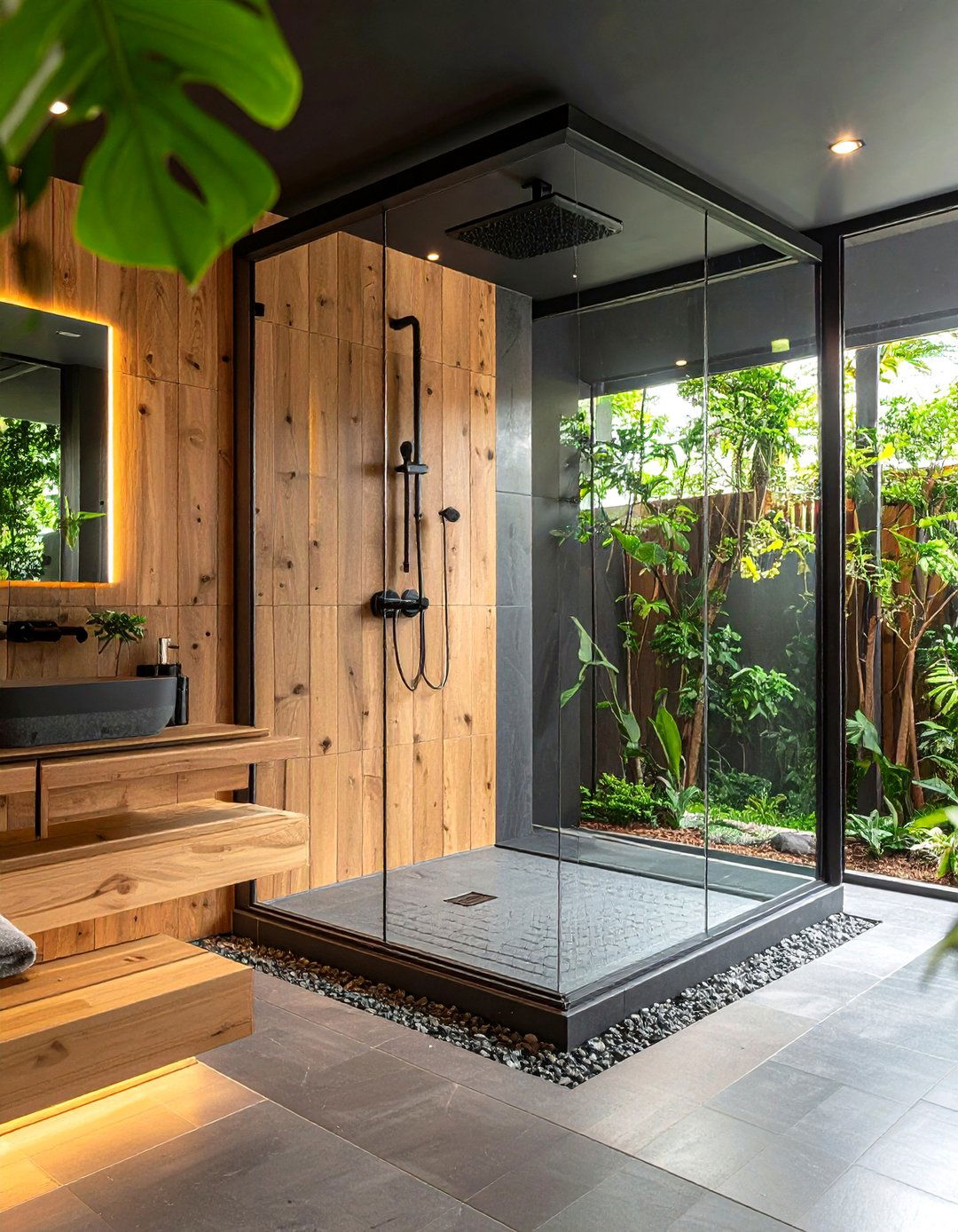 Frameless Glass Showers Expand Tight Black and Wood Bathrooms - 25 black and wood bathroom ideas