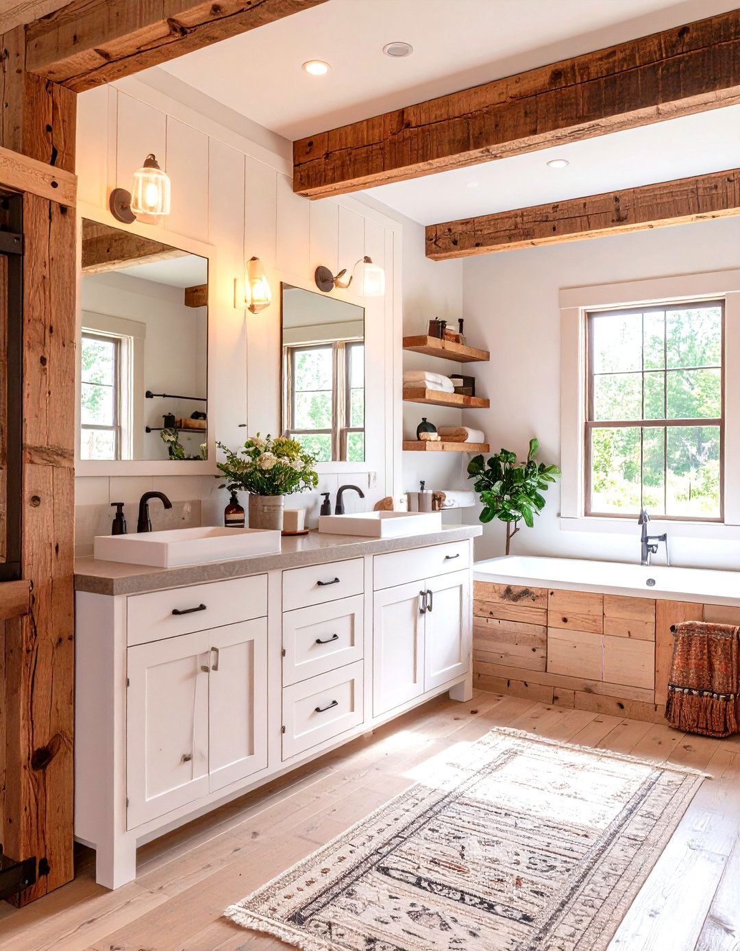 Freestanding Privacy Partition Shapes the Barndominium Bathroom Layout - 25 barndominium bathroom ideas