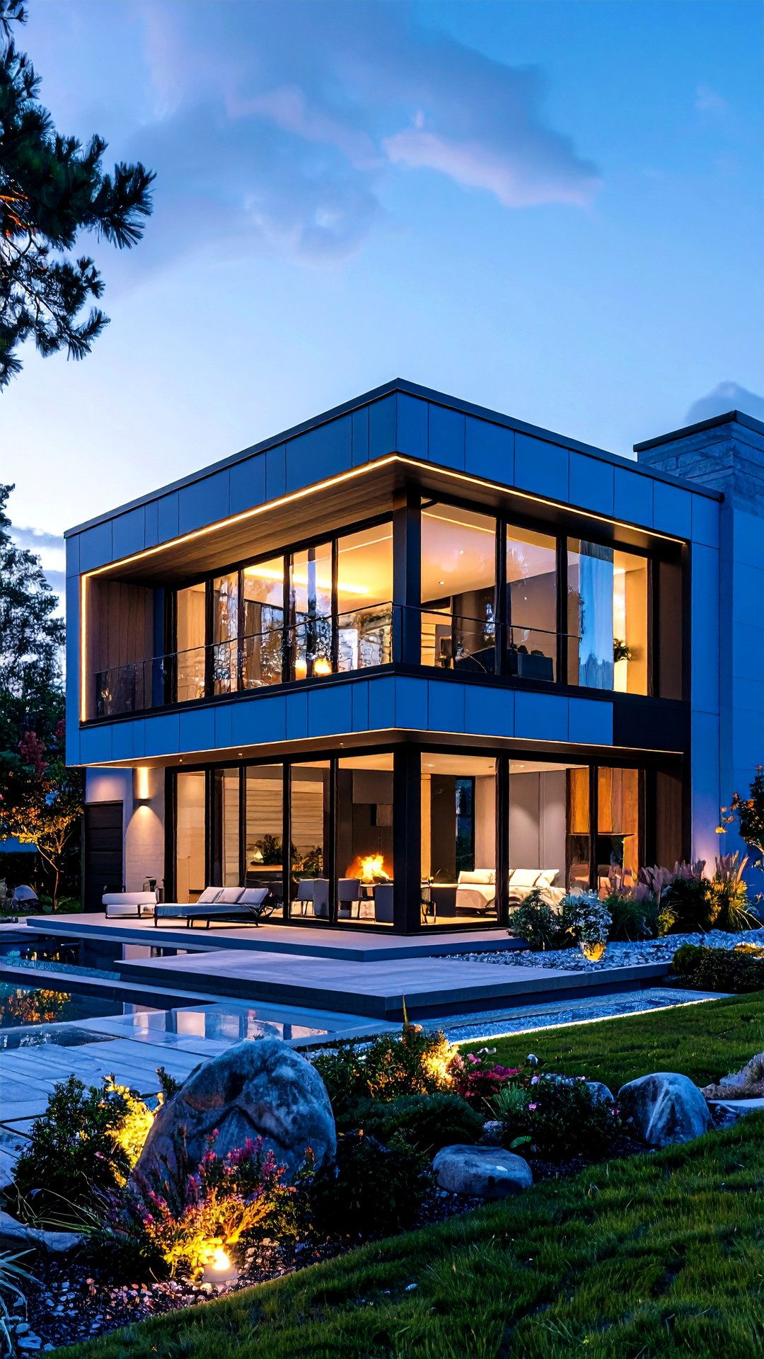 Frosted Arctic Blue Smart House with Illuminated Black Frames - 25 blue house with black trim ideas