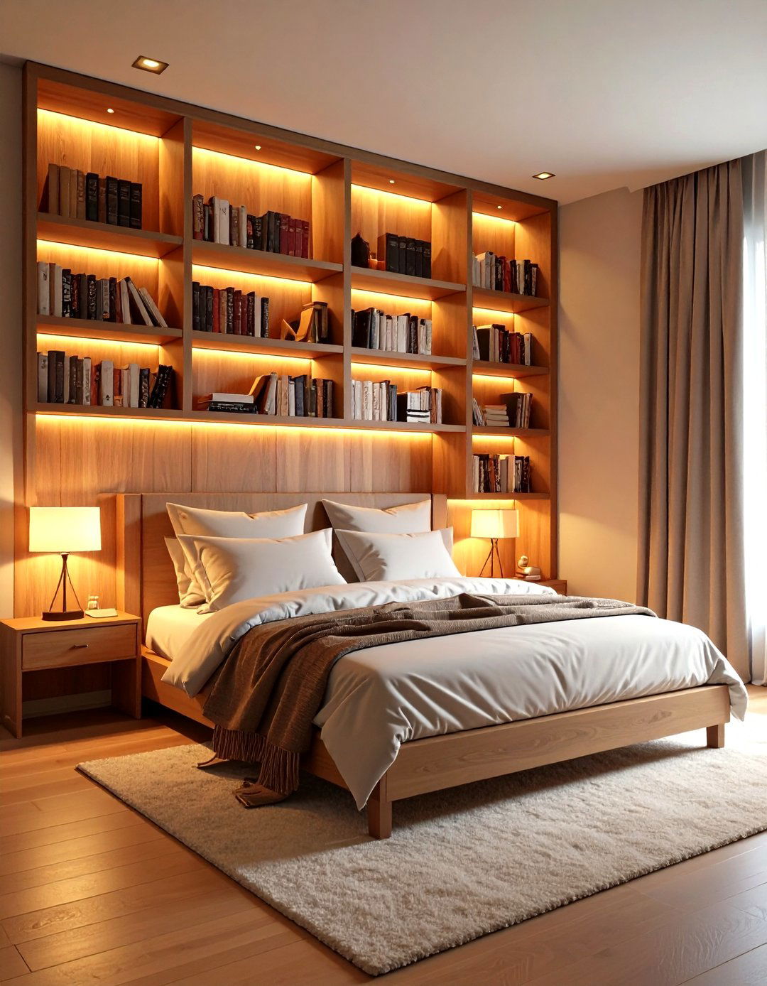 Full Width Bookcase Becomes a Built In Headboard - 25 no headboard ideas
