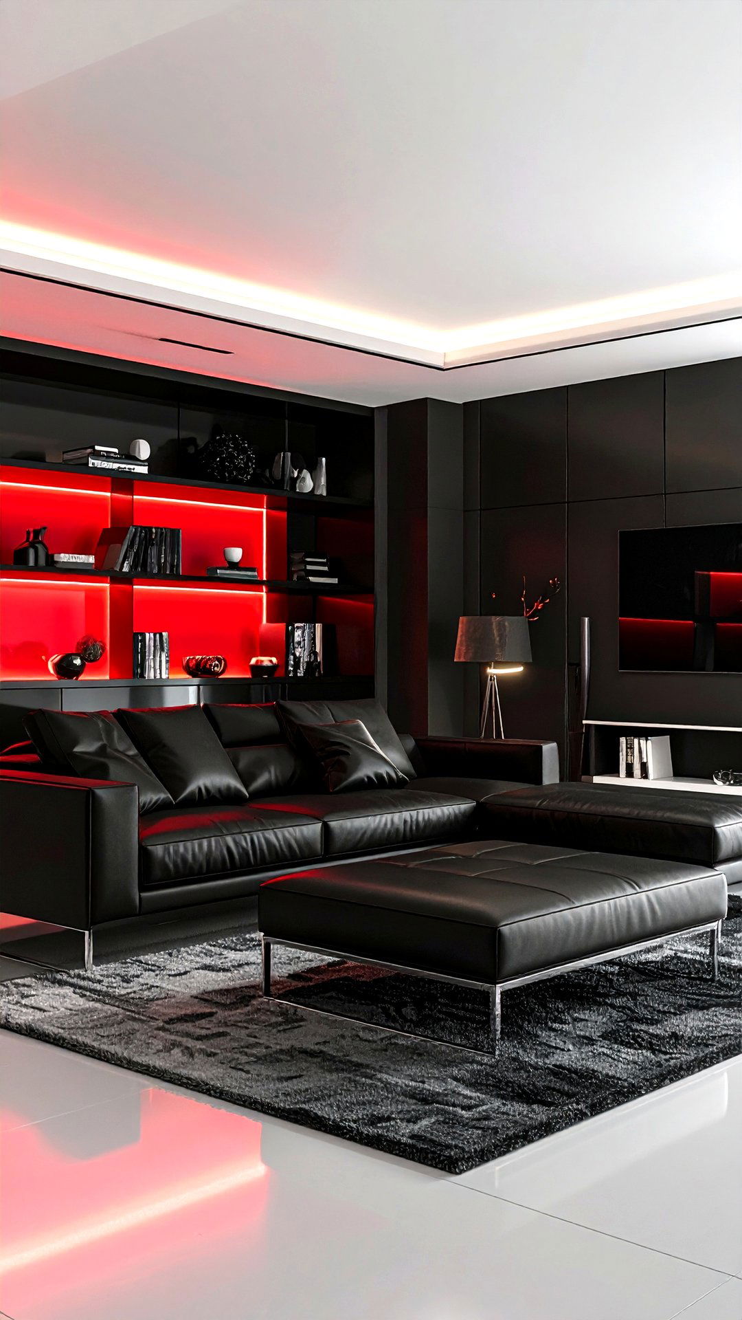 Futuristic Living Room with Smart Red Lighting and Black Gloss - 25 black and red living room ideas