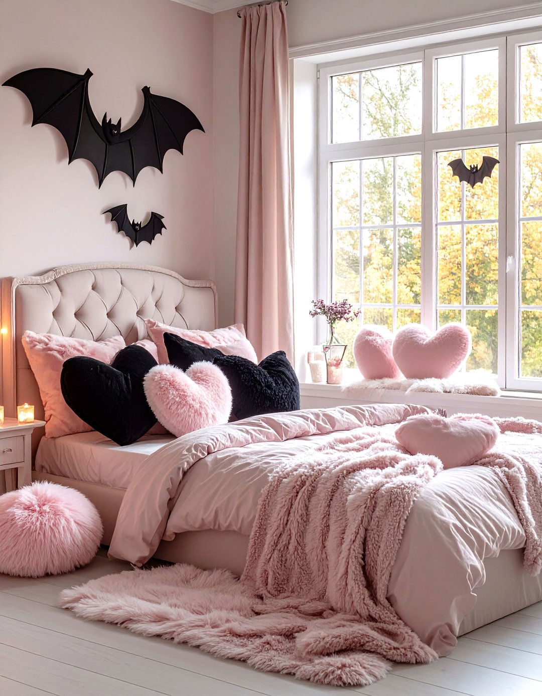 Fuzzy Heart and Bat Pillows - 25 pastel goth bedroom ideas