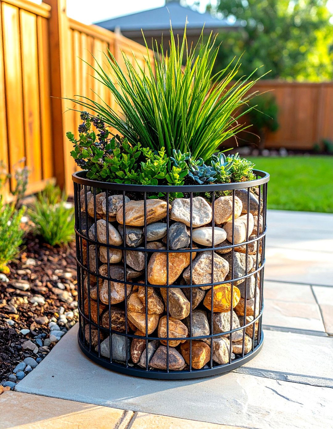 Gabion Stone Cage Plant Stand - 25 outdoor plant stand ideas
