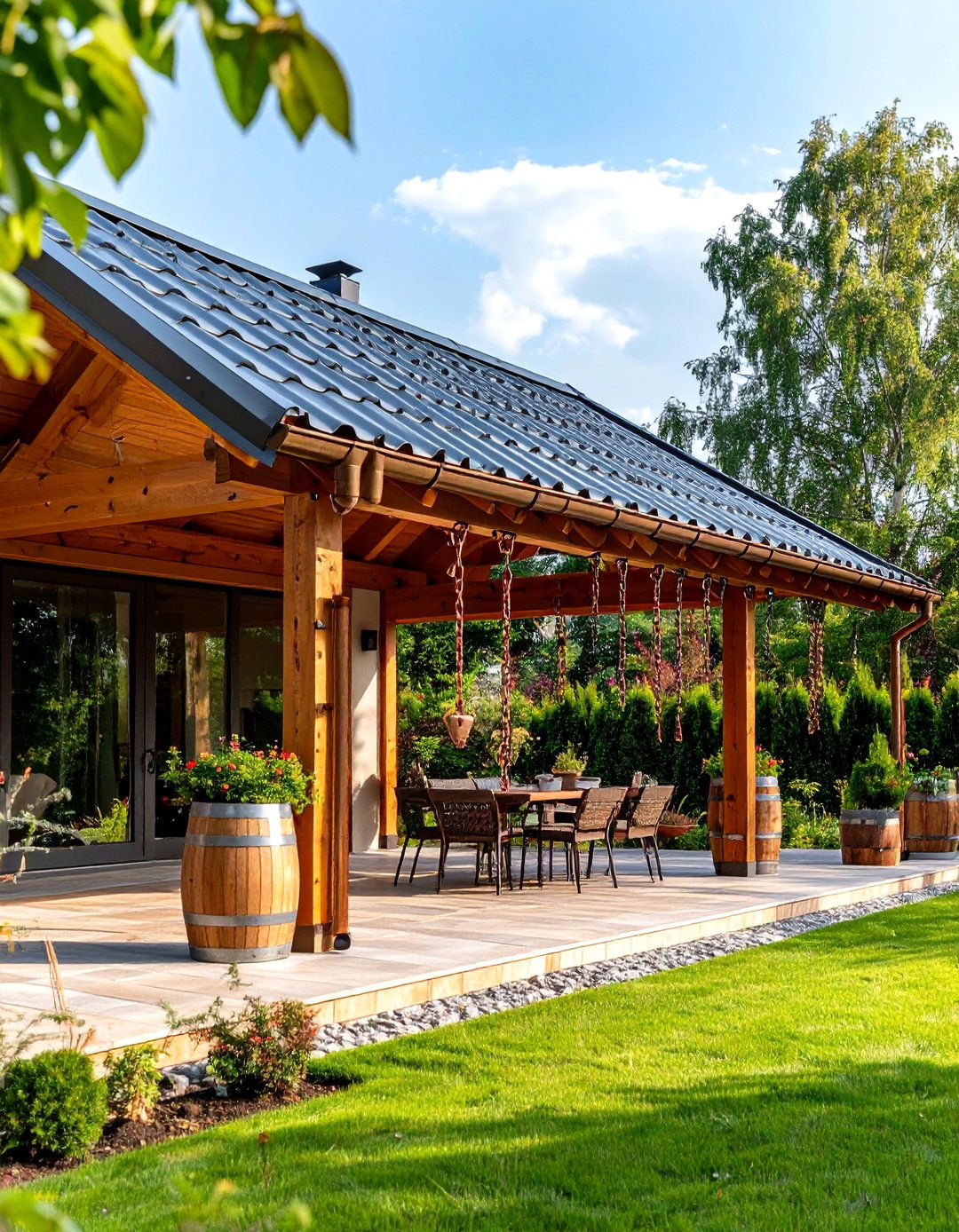 Gable Roof with Integrated Gutters and Rain Chains - 25 gable patio roof design ideas