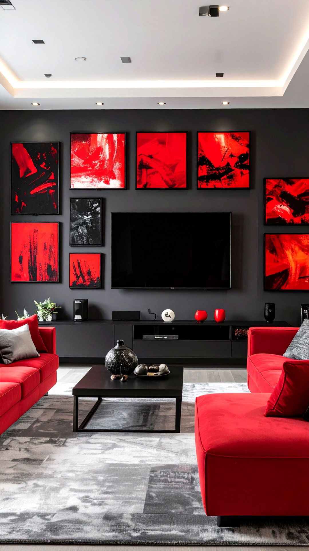 Gallery Wall Red Brushstrokes in Black Frames - 25 black and red living room ideas