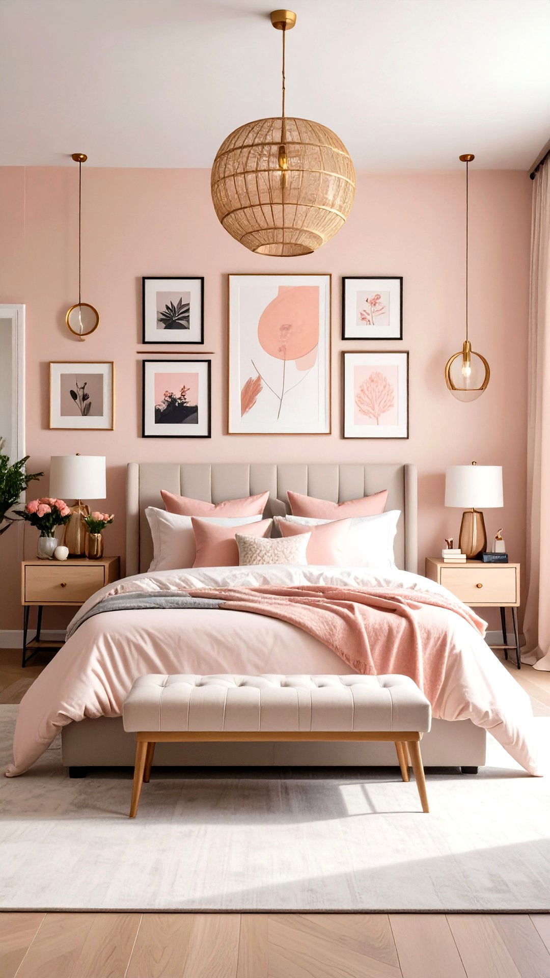 Gallery Wall of Blush Artwork - 25 blush pink bedroom ideas