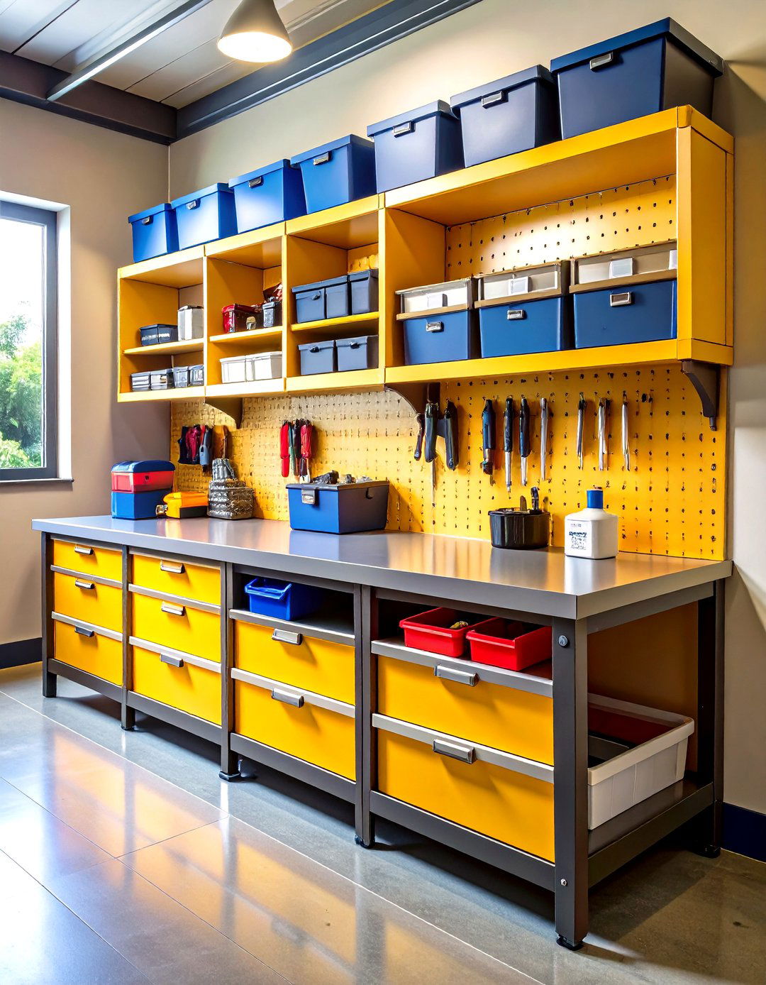 Garage Workbench with Slide Out Parts Bins and Label Panels - 25 garage workbench ideas