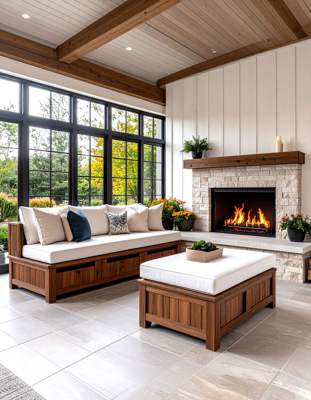 Garden Room Bench Facing Double Height Outdoor Fireplace - 25 fireplace bench ideas