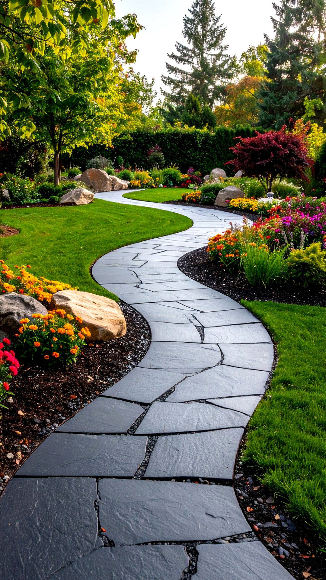 Gentle Curve Asphalt Walkway to Soften Garden Beds - 25 asphalt walkway ideas