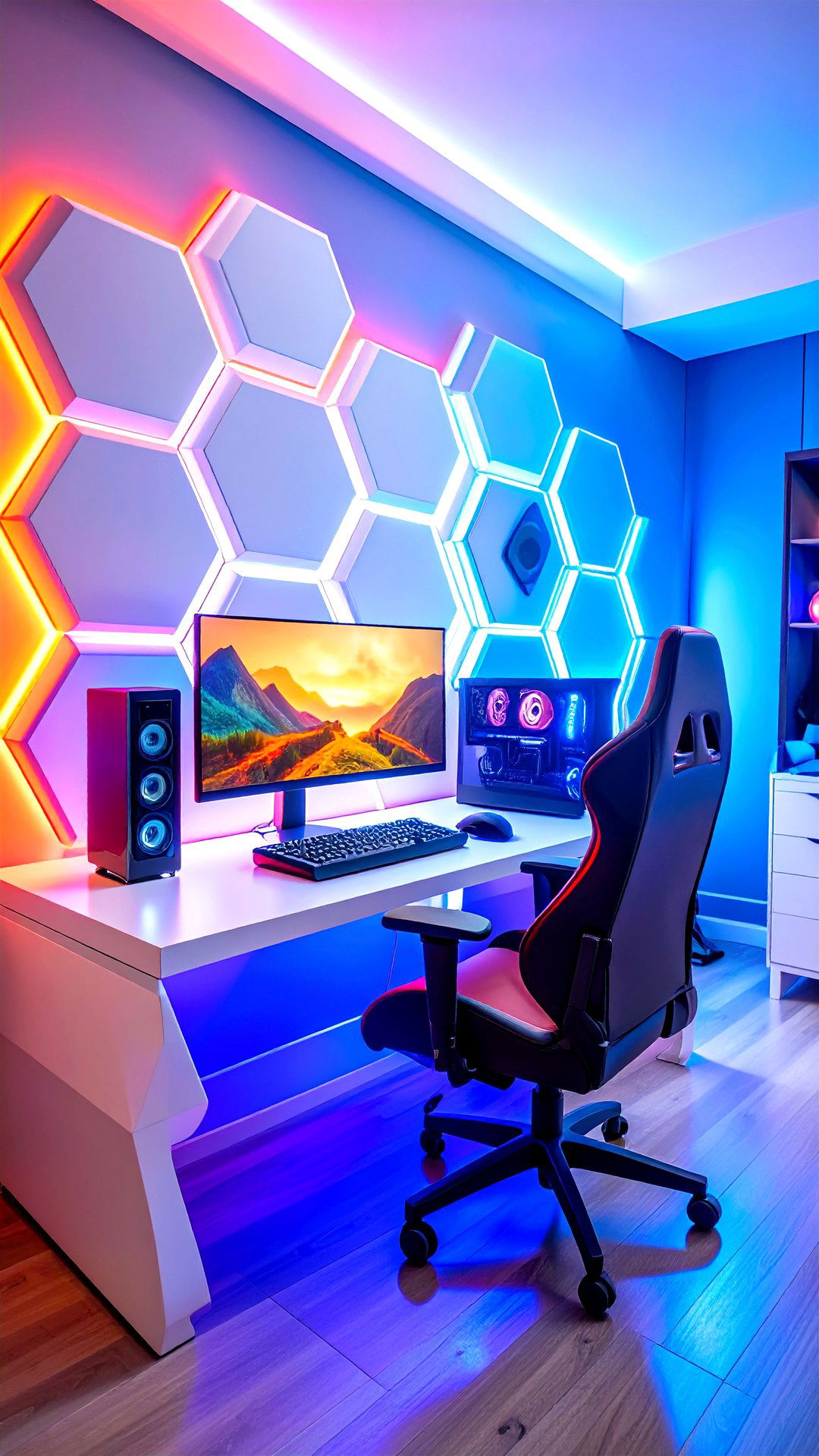 Geometric Acoustic Panels in a White Gaming Setup - 25 all white gaming setup ideas