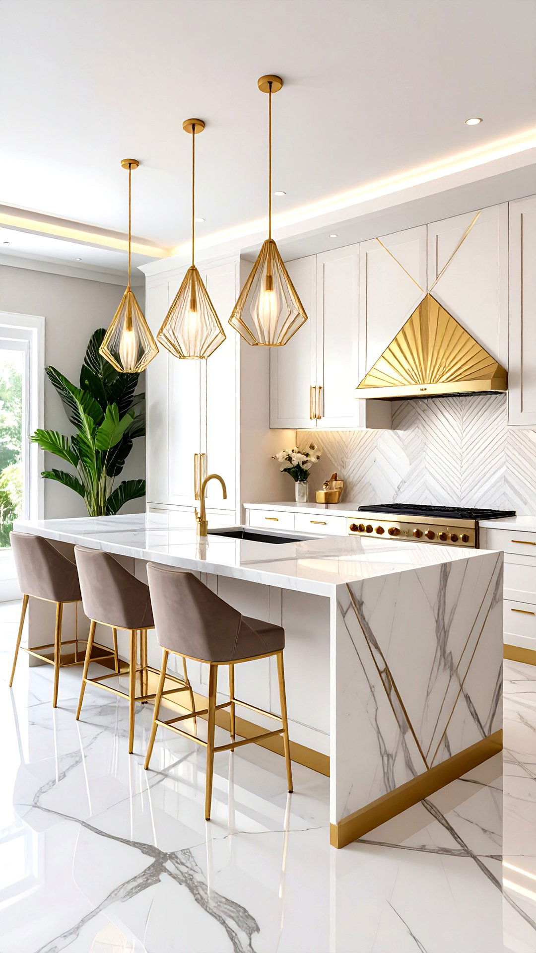 Geometric Brass Inlaid Backsplash Panels - 25 art deco kitchen ideas