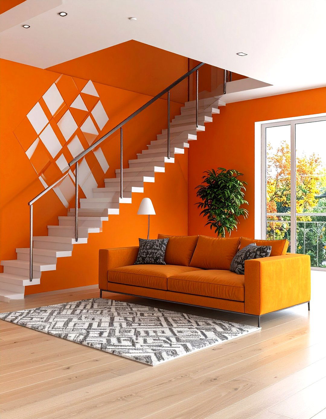Geometric Orange Wallpaper in the Stairwell - 25 orange room ideas