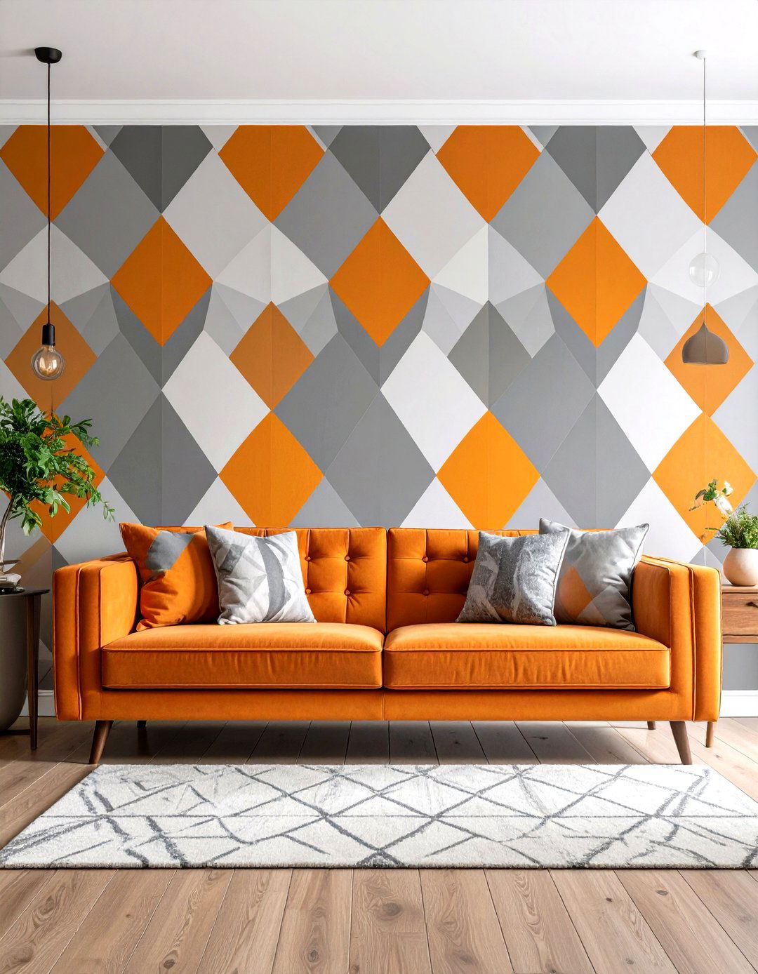 Geometric Orange and Grey Wallpaper as a Focal Panel - 25 orange and grey living room ideas