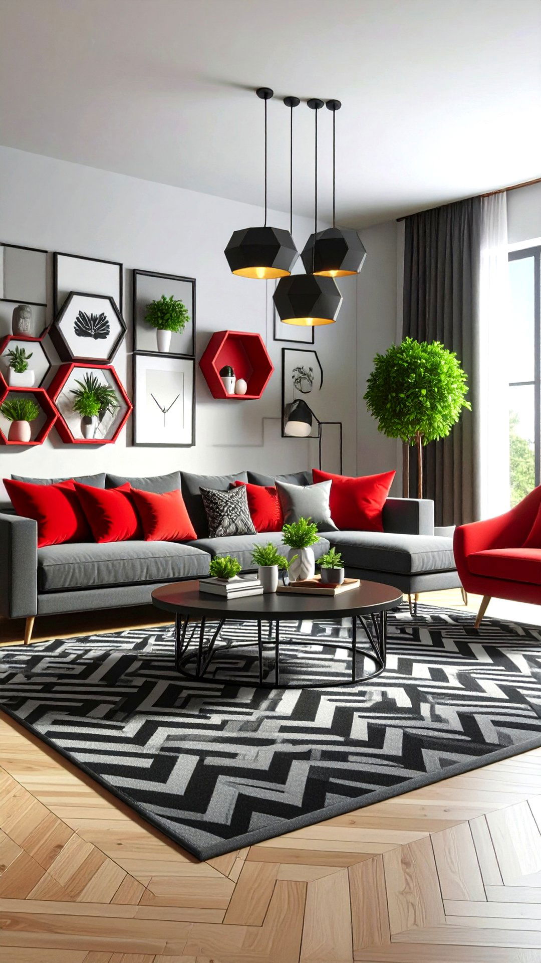 Geometric Shapes Energize a Black and Red Living Room - 25 black and red living room ideas