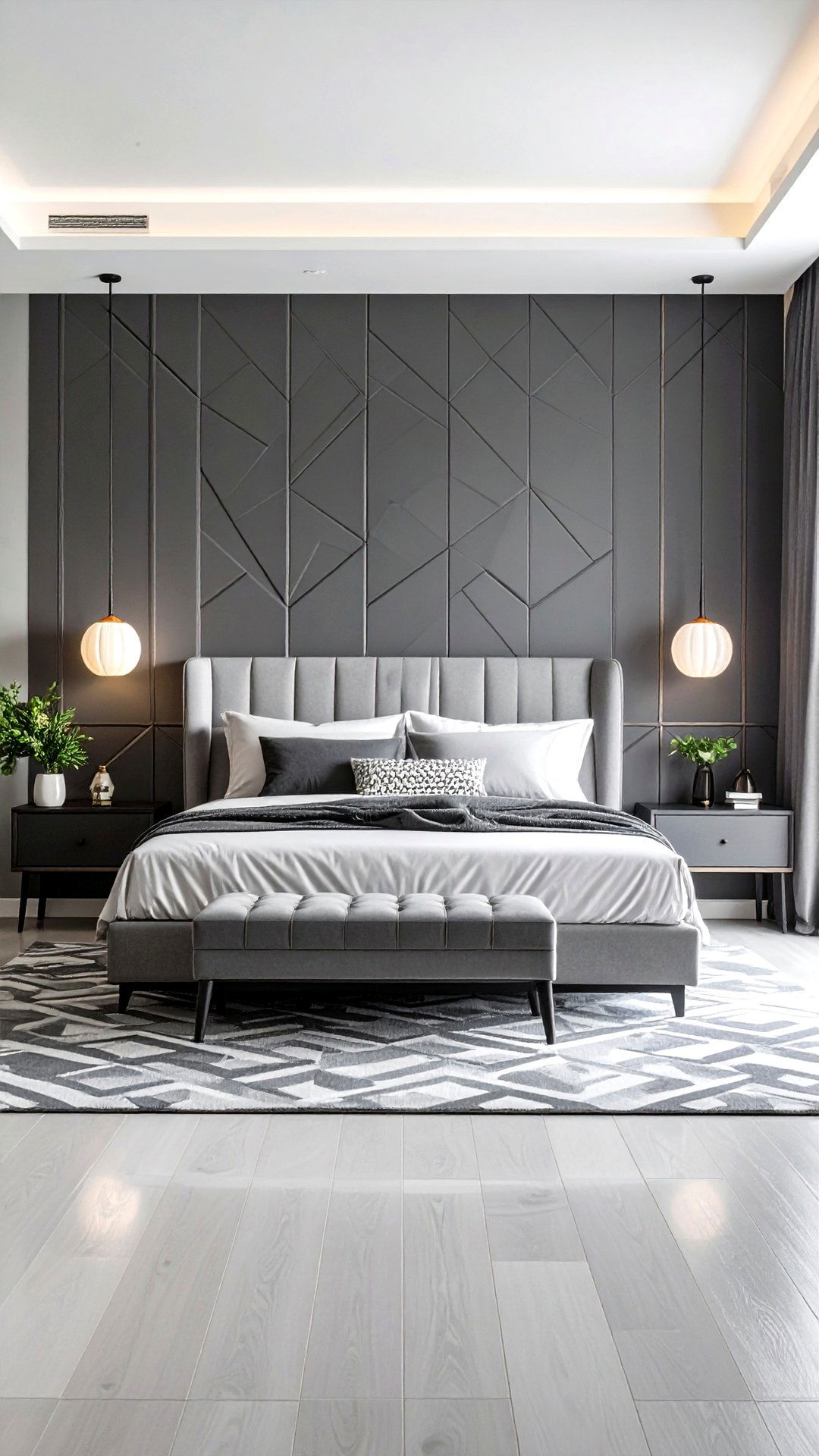 Geometric Wallpaper Adds Depth to a Grey and White Bedroom - 25 grey and white bedroom ideas