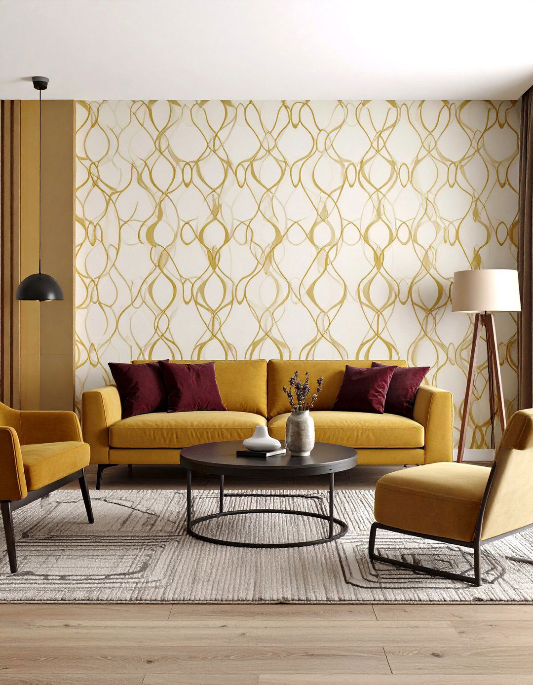 Geometric Wallpaper Splashing a s Living Room - 25 70s living room ideas