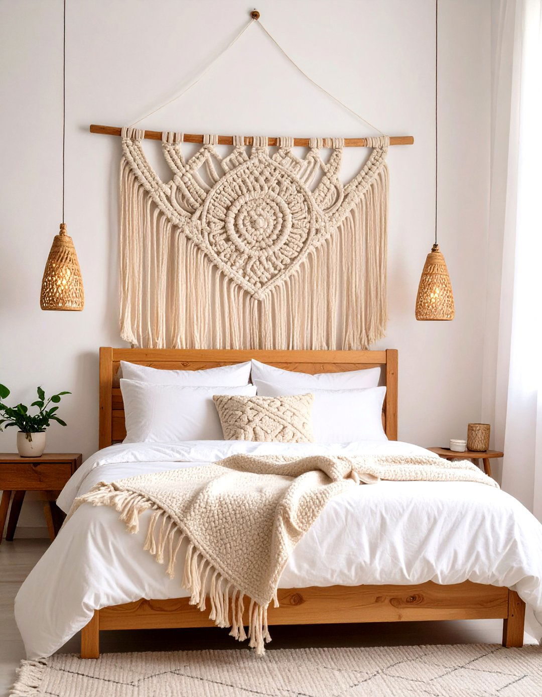 Giant Macrame Wall Hanging for Boho Warmth - 25 no headboard ideas