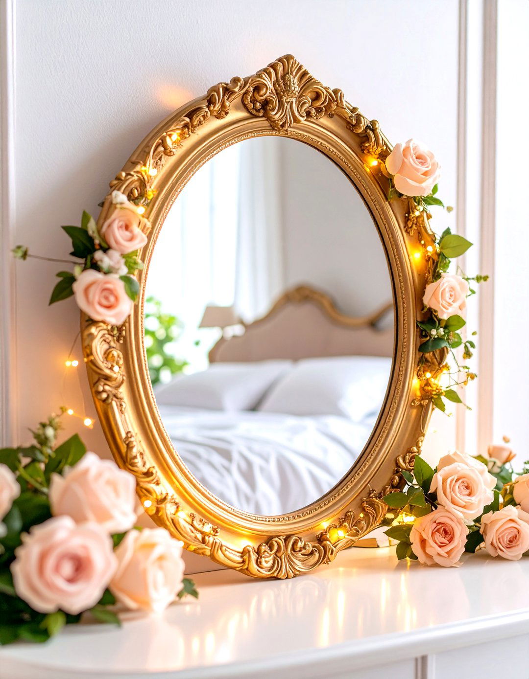 Gilded Mirror Wrapped in Twinkle Garland - 25 fairy-themed bedroom ideas