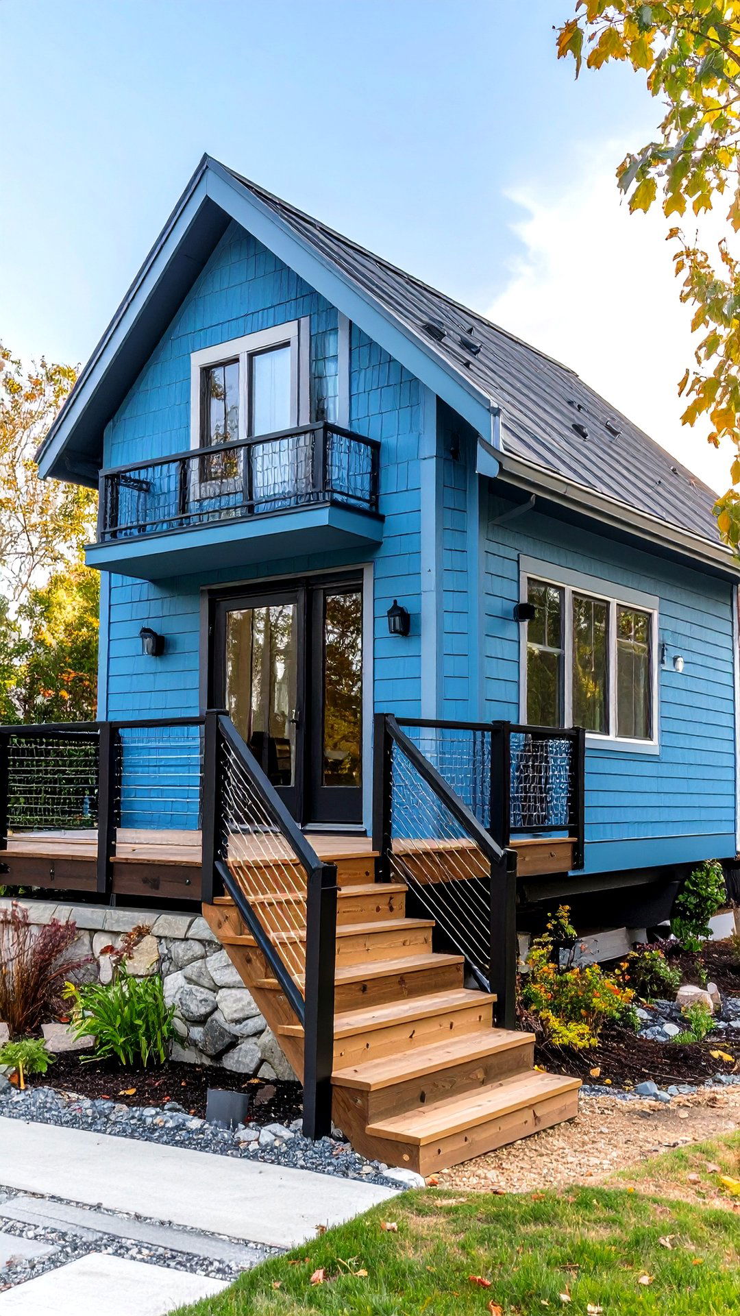 Glacier Blue Tiny House with Black Cable Railings - 25 blue house with black trim ideas