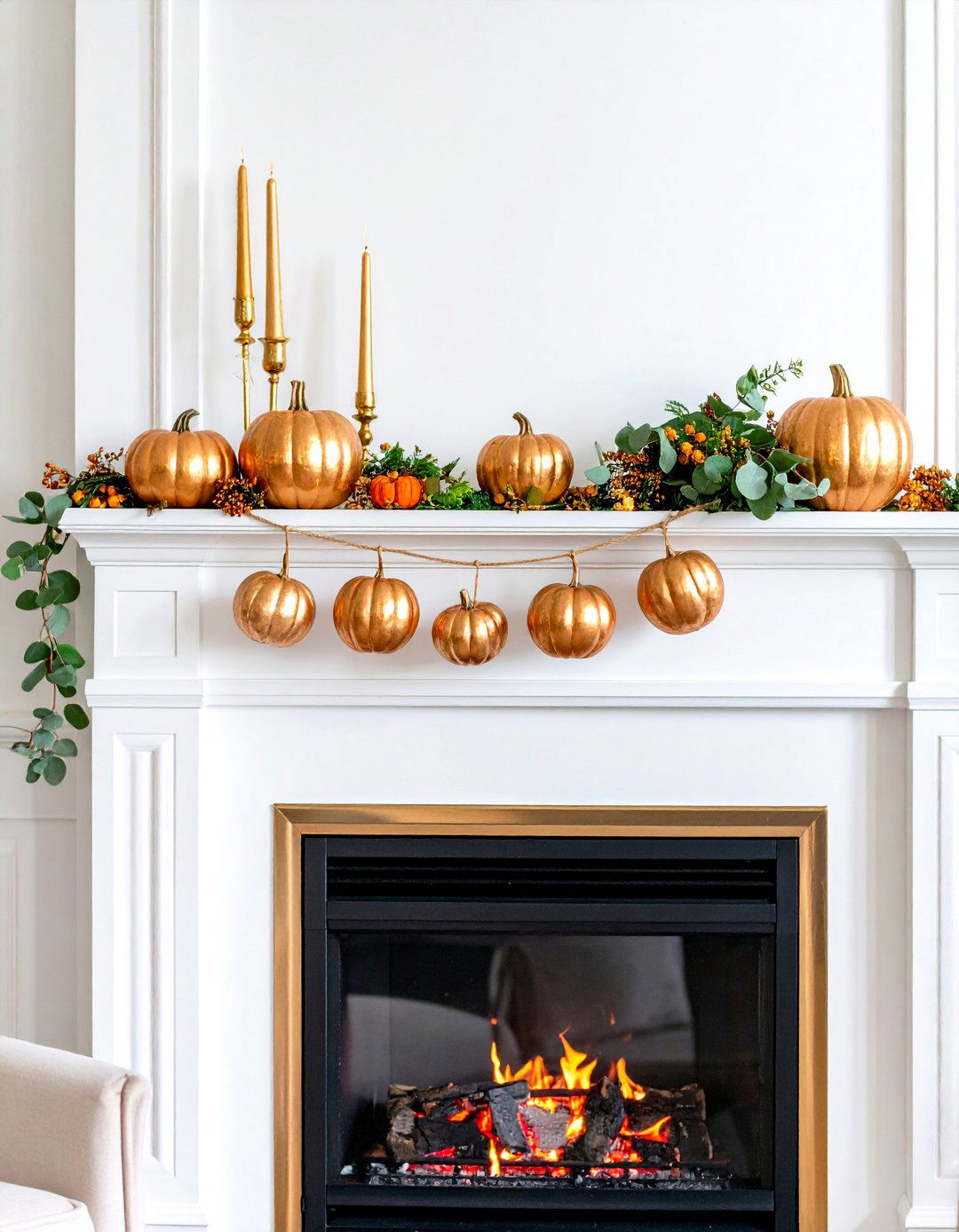 Glam Gold Pumpkin Garland Mantel - 25 fall mantel decor ideas