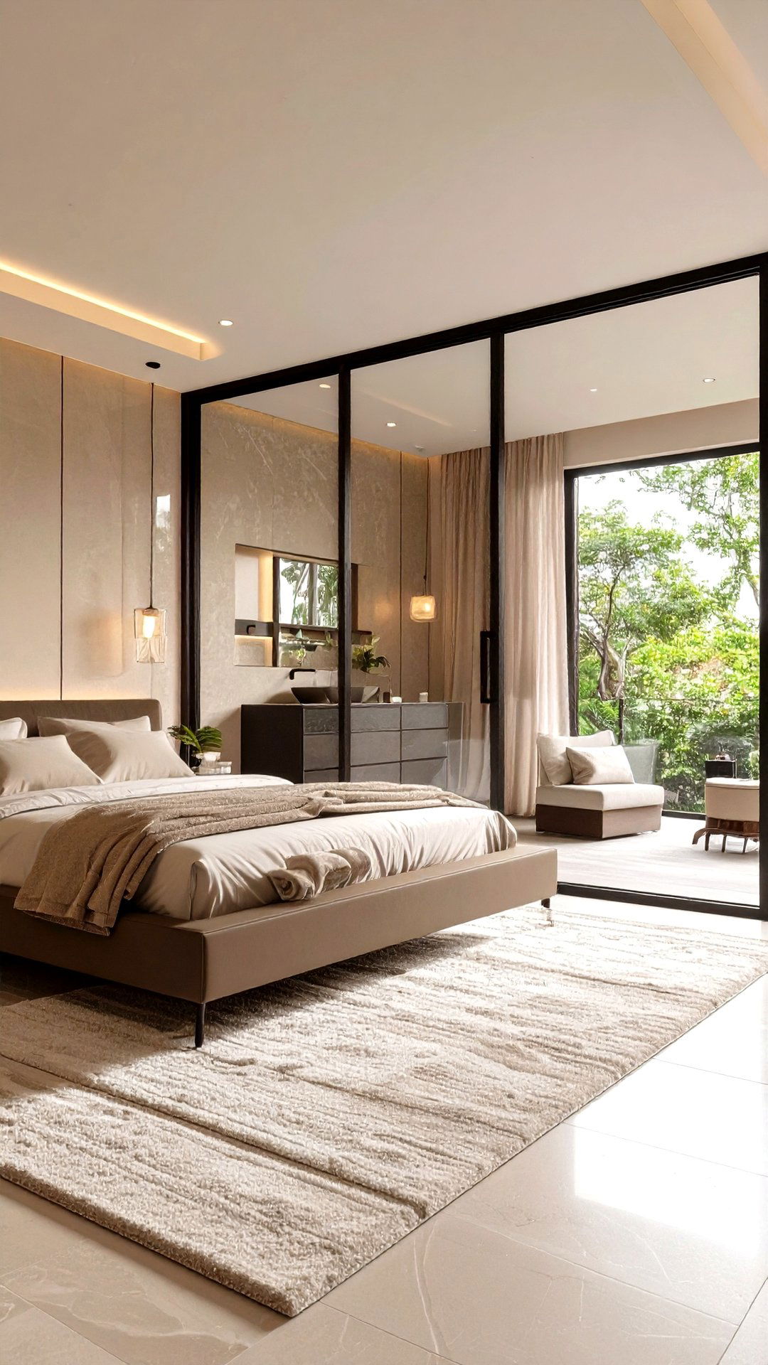 Glass Framed Ensuite Extends a Black and Beige Bedroom - 25 black and beige bedroom design ideas