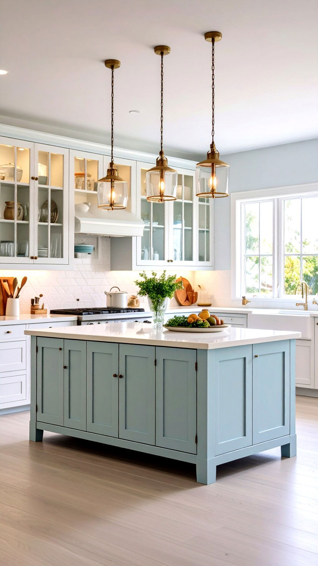 Glass Front Cabinets for Airy Display - 25 coastal kitchen ideas