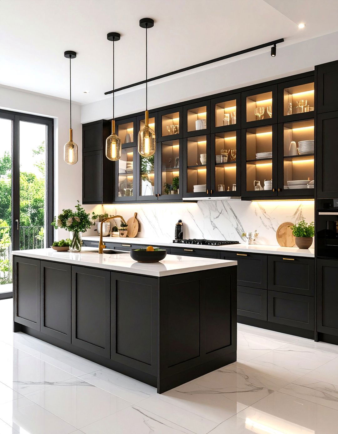 Glass Front Uppers Lighten Dark Bases - 25 black and white kitchen ideas