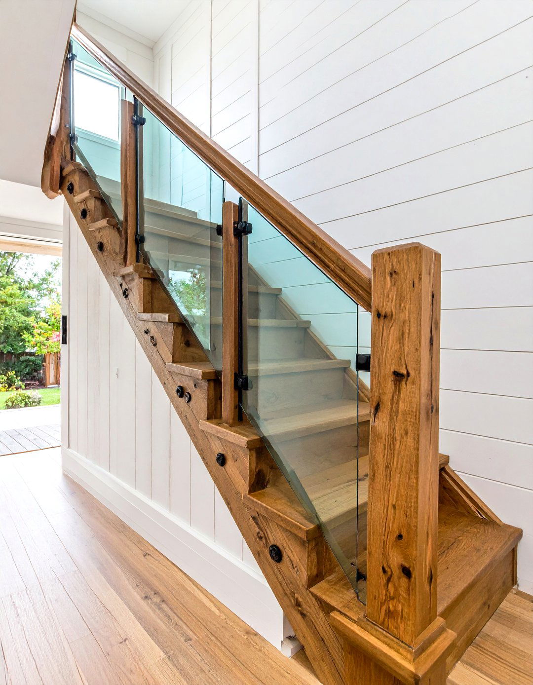 Glass Panel and Beam Stair Railing - 25 farmhouse rustic stair railing ideas