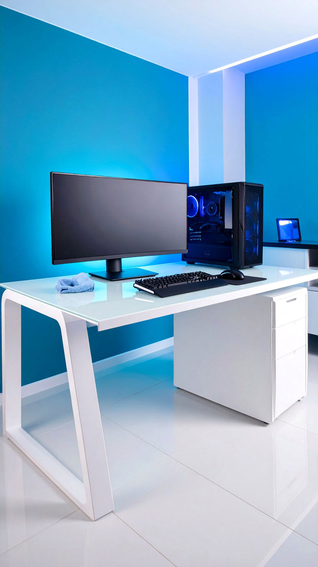 Glass Top Desk for a White Gaming Setup - 25 all white gaming setup ideas